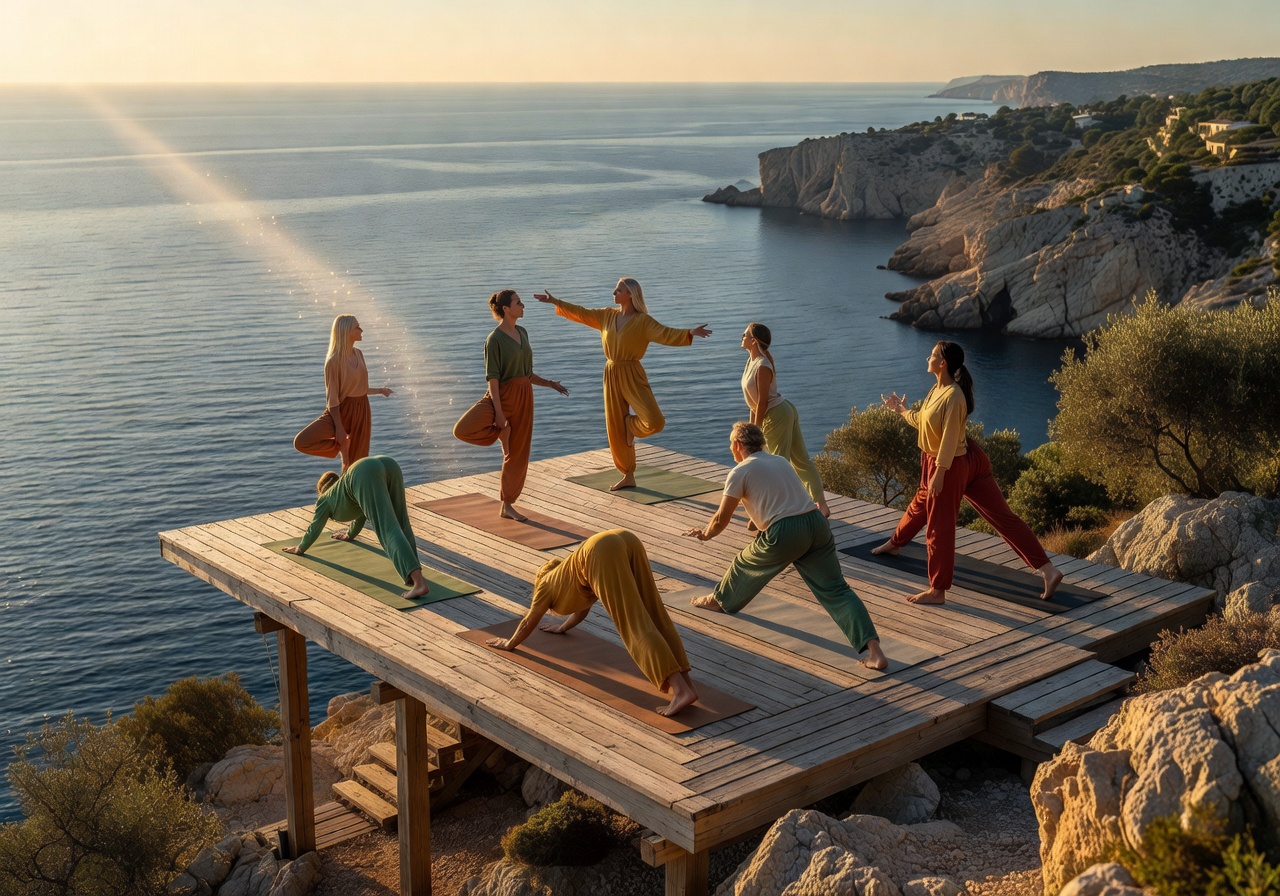 Coastal wellness retreat yoga deck Mediterranean
