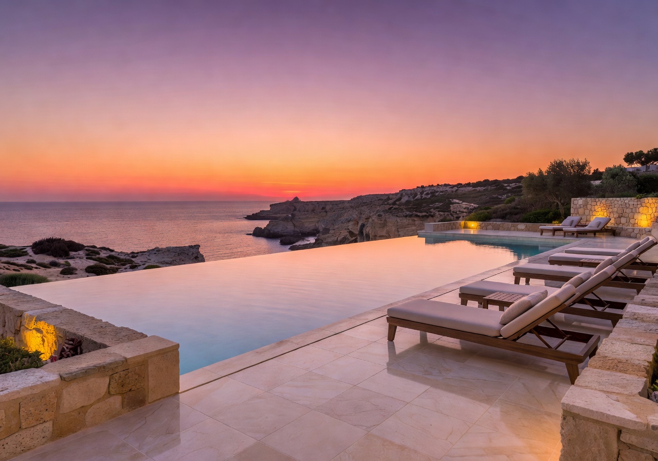 Luxury Malta resort with infinity pool overlooking Mediterranean sea at sunset