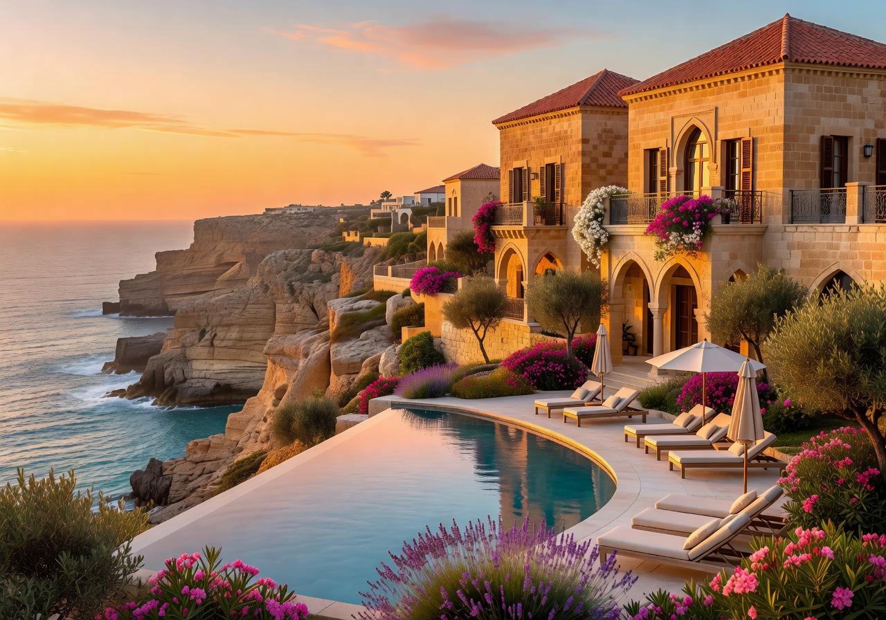 Malta luxury Mediterranean resort coastal view at golden hour