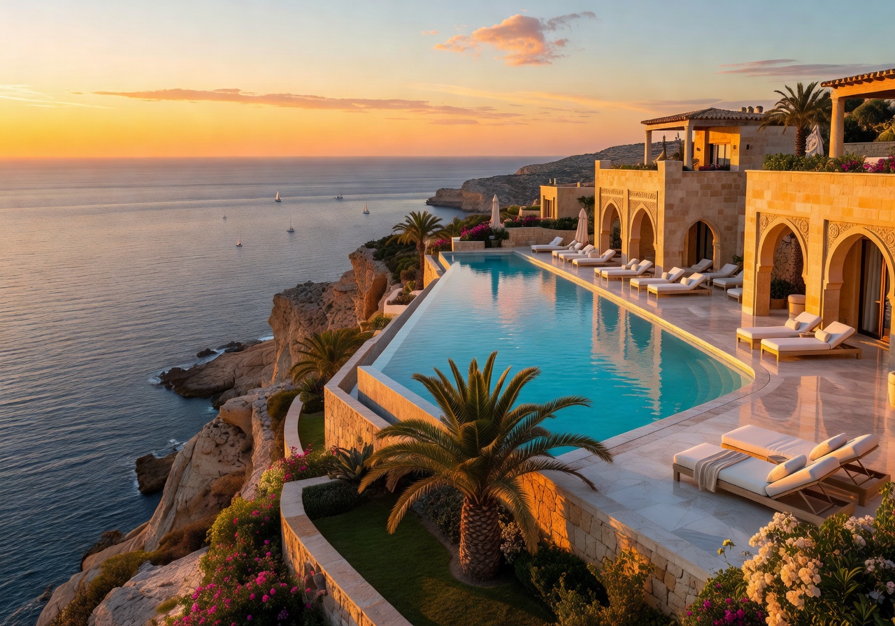 Malta luxury resort at sunset golden hour