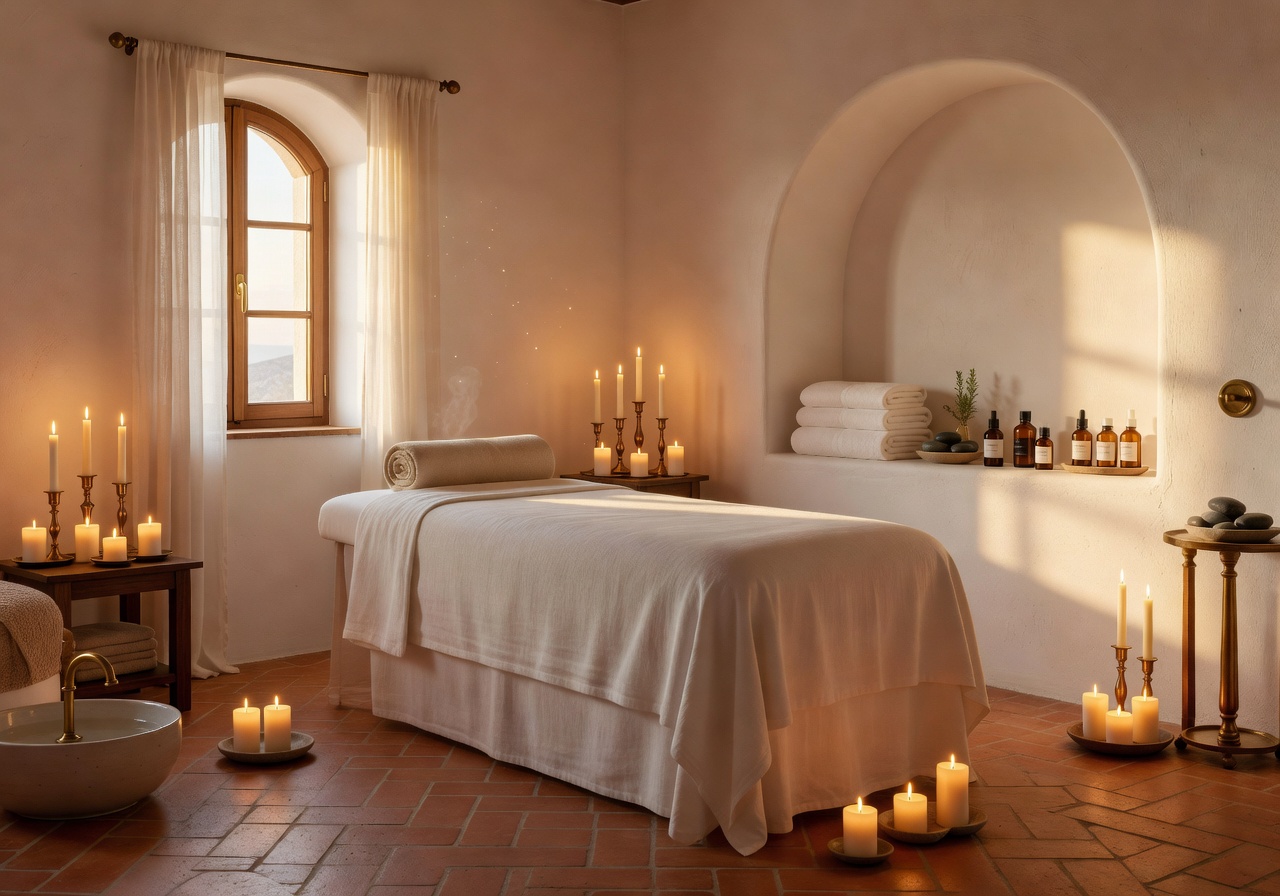Mediterranean luxury spa treatment room with candles