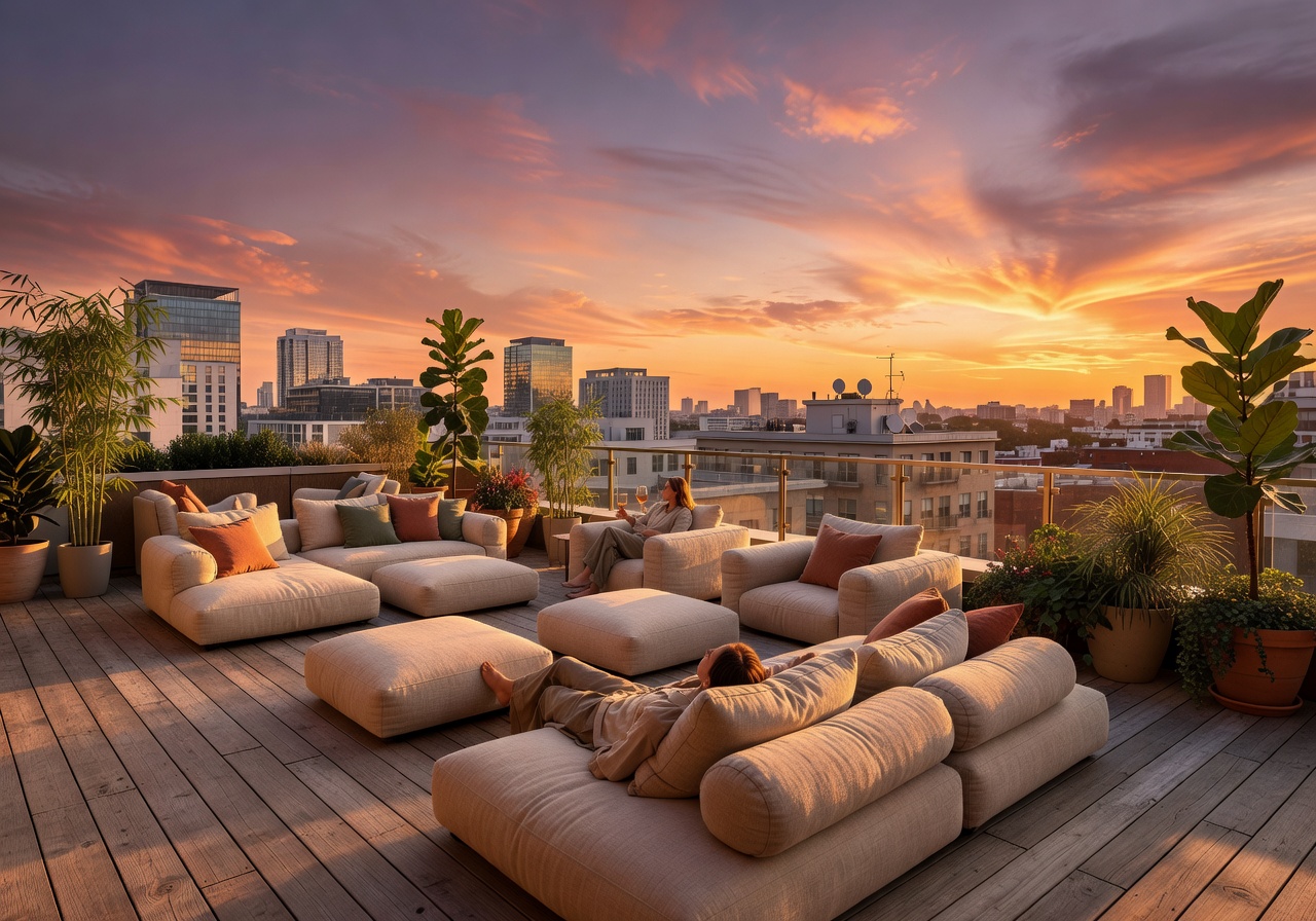 Rooftop relaxation lounge at sunset